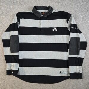 Cloud 9 Gaming Rugby Shirt Men's L‎ Black Gray Striped Polo Elbow Patch Skater